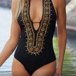 Amita Naithani Black Gold Beaded One Pice Halter Swimming Suit black & gold